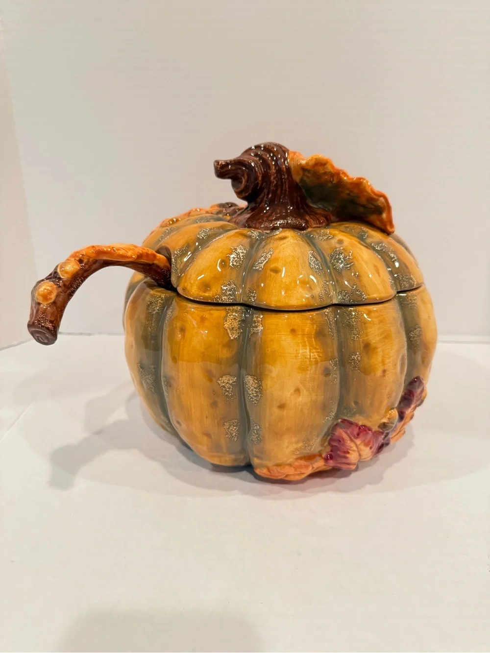 Baum Bros. Pumpkin Soup Tureen in Yellow and Green with Matching Ladle